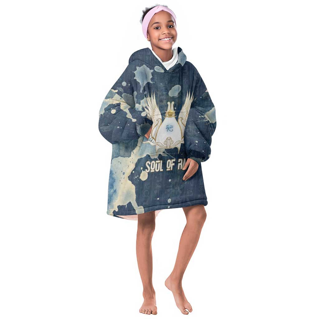 Bennu Ancient Egyptian Kid Wearable Blanket Hoodie with Deep Blue Ink Wash, Winged Bennu Bird and Soul of Ra - African Pride
