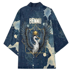 Bennu Ancient Egyptian Kimono with Deep Blue Ink Wash, Winged Bennu Bird and Soul of Ra - African Pride
