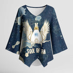 Bennu Ancient Egyptian Kimono Sleeve Blouse with Deep Blue Ink Wash, Winged Bennu Bird and Soul of Ra - African Pride