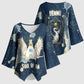 Bennu Ancient Egyptian Kimono Sleeve Blouse with Deep Blue Ink Wash, Winged Bennu Bird and Soul of Ra - African Pride