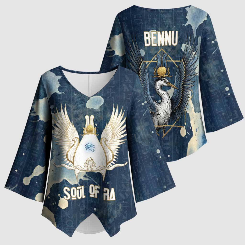 Bennu Ancient Egyptian Kimono Sleeve Blouse with Deep Blue Ink Wash, Winged Bennu Bird and Soul of Ra - African Pride