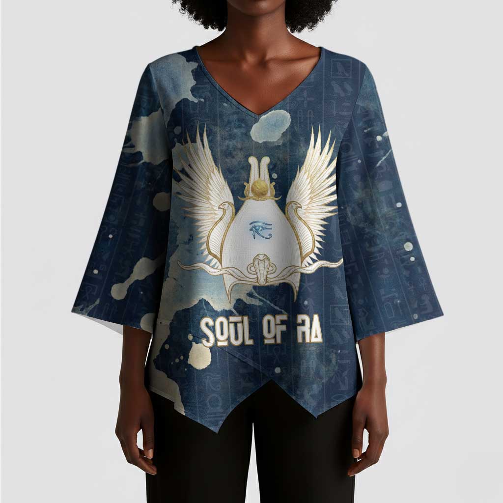 Bennu Ancient Egyptian Kimono Sleeve Blouse with Deep Blue Ink Wash, Winged Bennu Bird and Soul of Ra - African Pride