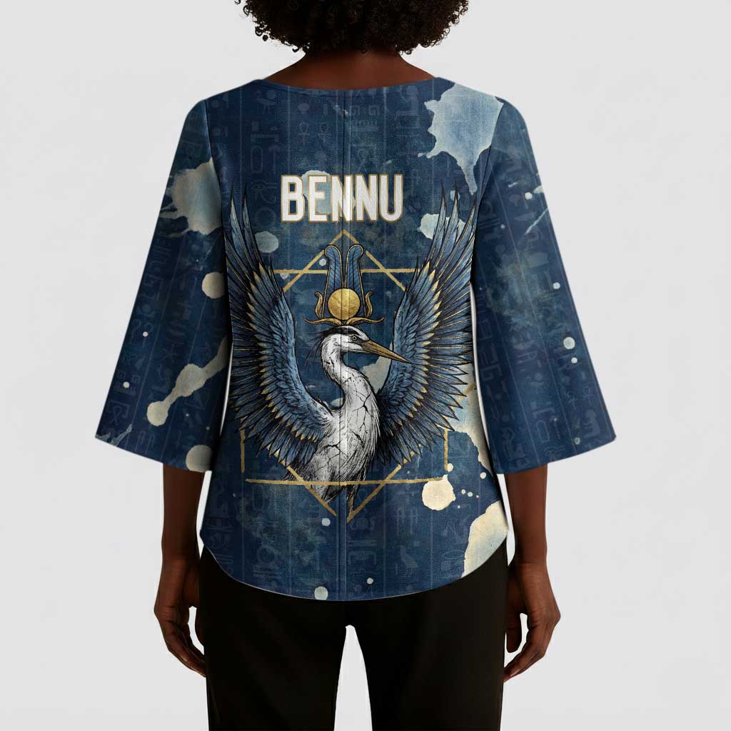 Bennu Ancient Egyptian Kimono Sleeve Blouse with Deep Blue Ink Wash, Winged Bennu Bird and Soul of Ra - African Pride