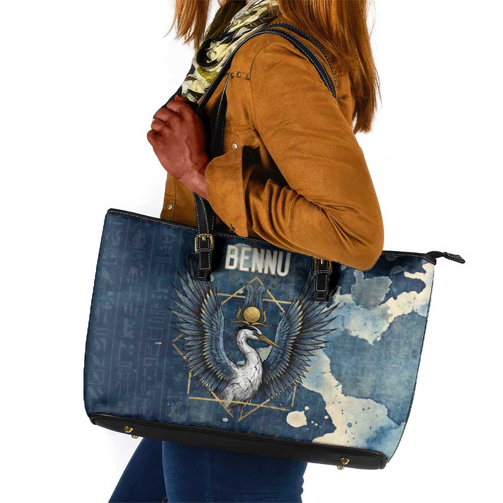 Bennu Ancient Egyptian Leather Tote Bag with Deep Blue Ink Wash, Winged Bennu Bird and Soul of Ra - African Pride