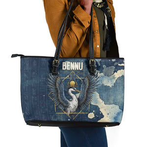 Bennu Ancient Egyptian Leather Tote Bag with Deep Blue Ink Wash, Winged Bennu Bird and Soul of Ra - African Pride