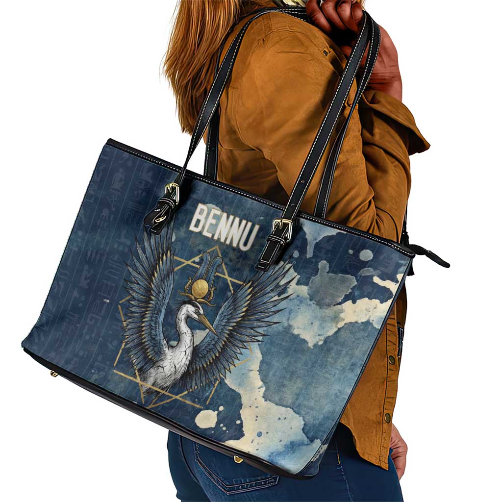 Bennu Ancient Egyptian Leather Tote Bag with Deep Blue Ink Wash, Winged Bennu Bird and Soul of Ra - African Pride