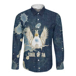 Bennu Ancient Egyptian Long Sleeve Button Shirt with Deep Blue Ink Wash, Winged Bennu Bird and Soul of Ra - African Pride