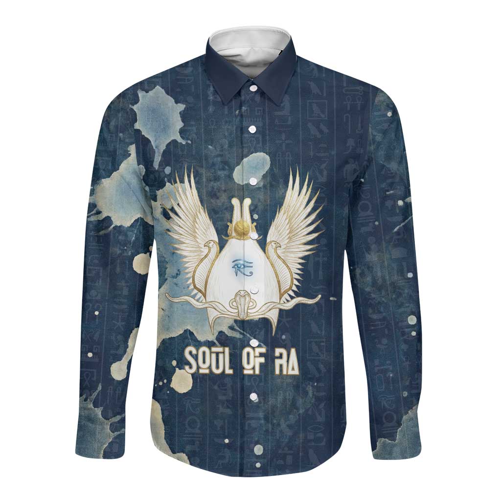Bennu Ancient Egyptian Long Sleeve Button Shirt with Deep Blue Ink Wash, Winged Bennu Bird and Soul of Ra - African Pride