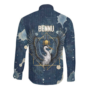 Bennu Ancient Egyptian Long Sleeve Button Shirt with Deep Blue Ink Wash, Winged Bennu Bird and Soul of Ra - African Pride