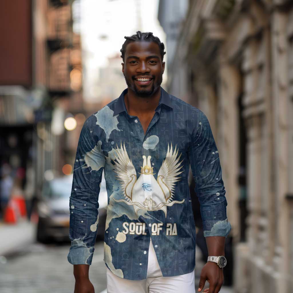 Bennu Ancient Egyptian Long Sleeve Button Shirt with Deep Blue Ink Wash, Winged Bennu Bird and Soul of Ra - African Pride
