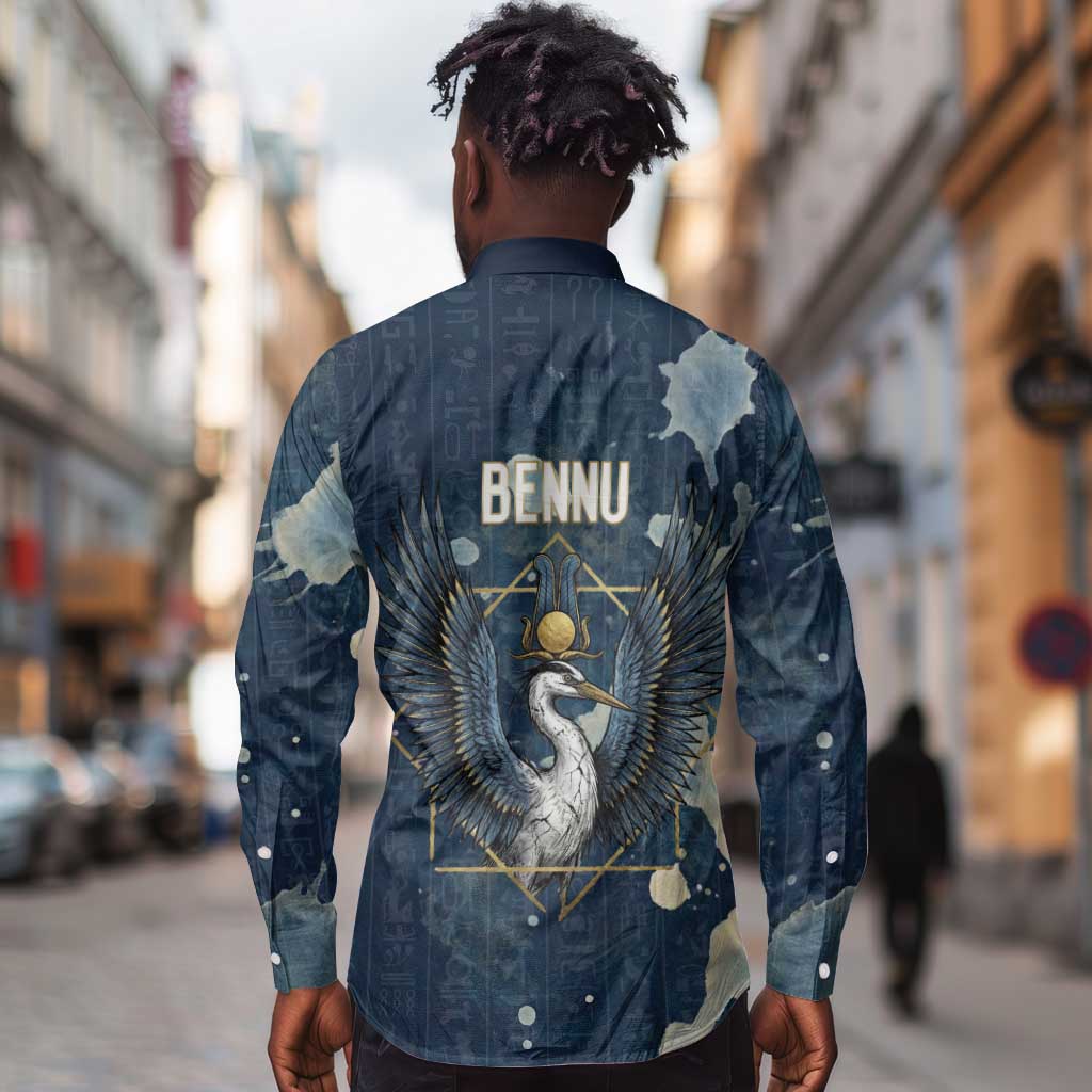 Bennu Ancient Egyptian Long Sleeve Button Shirt with Deep Blue Ink Wash, Winged Bennu Bird and Soul of Ra - African Pride