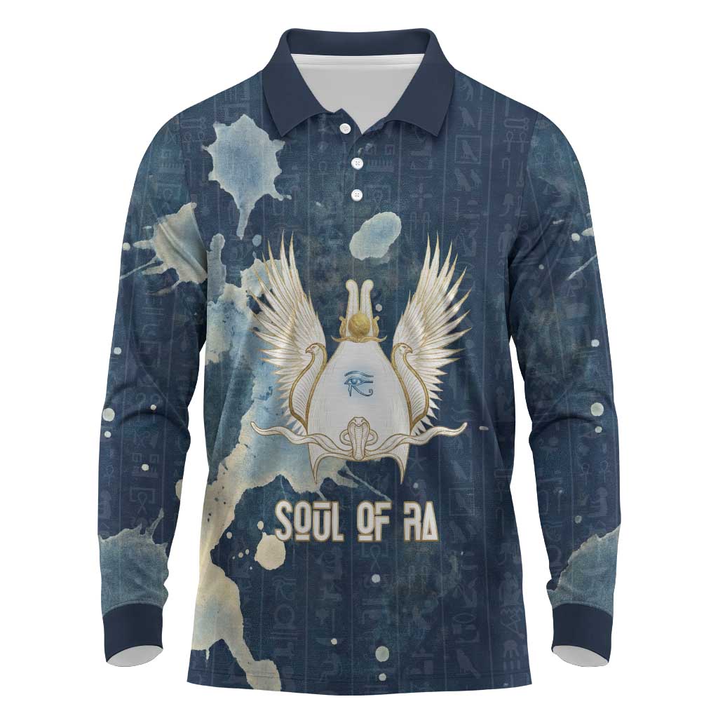 Bennu Ancient Egyptian Long Sleeve Polo Shirt with Deep Blue Ink Wash, Winged Bennu Bird and Soul of Ra - African Pride