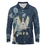 Bennu Ancient Egyptian Long Sleeve Polo Shirt with Deep Blue Ink Wash, Winged Bennu Bird and Soul of Ra - African Pride