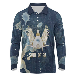 Bennu Ancient Egyptian Long Sleeve Polo Shirt with Deep Blue Ink Wash, Winged Bennu Bird and Soul of Ra - African Pride