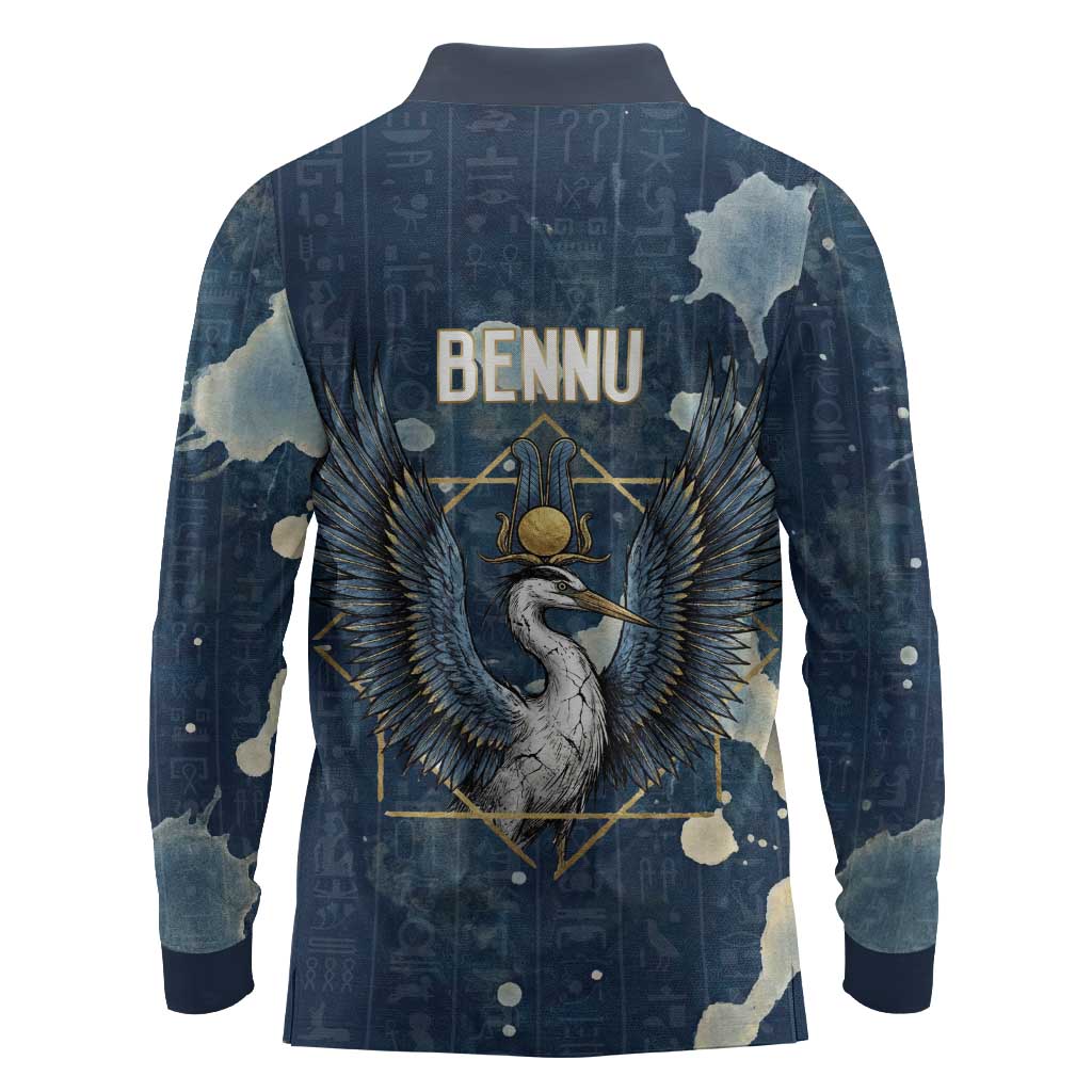 Bennu Ancient Egyptian Long Sleeve Polo Shirt with Deep Blue Ink Wash, Winged Bennu Bird and Soul of Ra - African Pride