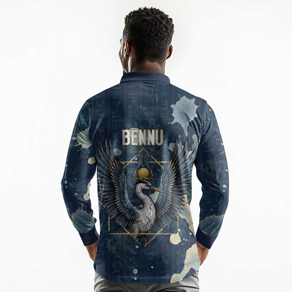 Bennu Ancient Egyptian Long Sleeve Polo Shirt with Deep Blue Ink Wash, Winged Bennu Bird and Soul of Ra - African Pride