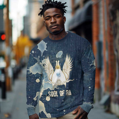 Bennu Ancient Egyptian Long Sleeve Shirt with Deep Blue Ink Wash, Winged Bennu Bird and Soul of Ra - African Pride