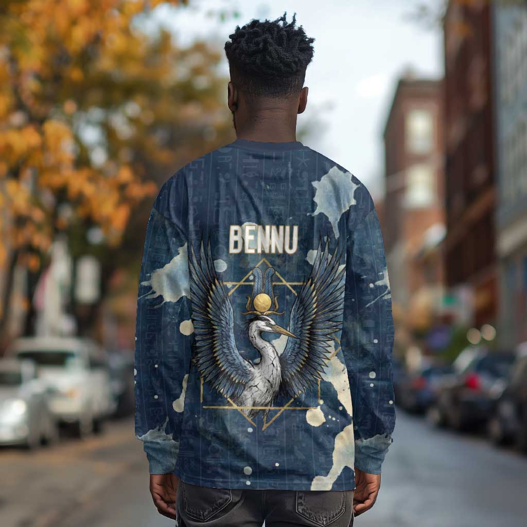 Bennu Ancient Egyptian Long Sleeve Shirt with Deep Blue Ink Wash, Winged Bennu Bird and Soul of Ra - African Pride
