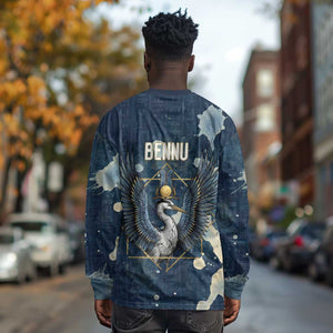 Bennu Ancient Egyptian Long Sleeve Shirt with Deep Blue Ink Wash, Winged Bennu Bird and Soul of Ra - African Pride