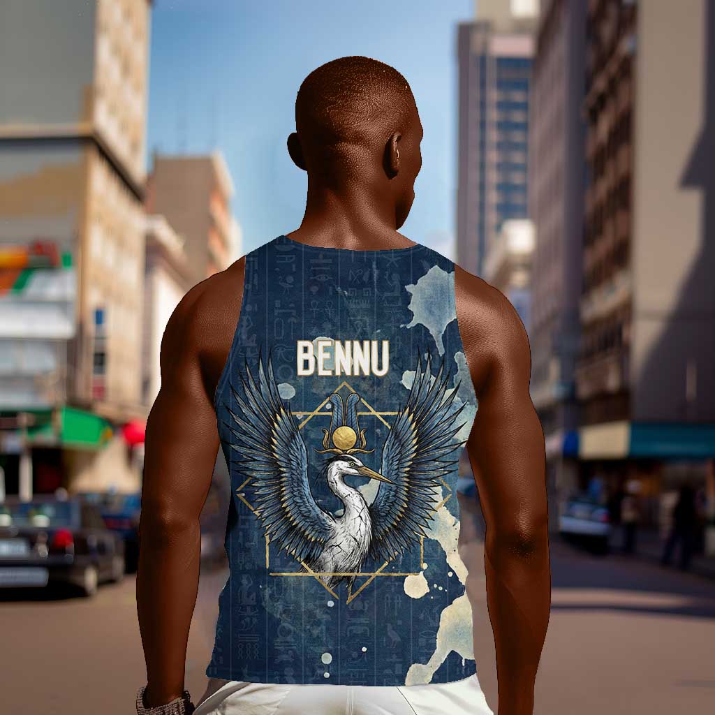 Bennu Ancient Egyptian Men Tank Top with Deep Blue Ink Wash, Winged Bennu Bird and Soul of Ra - African Pride