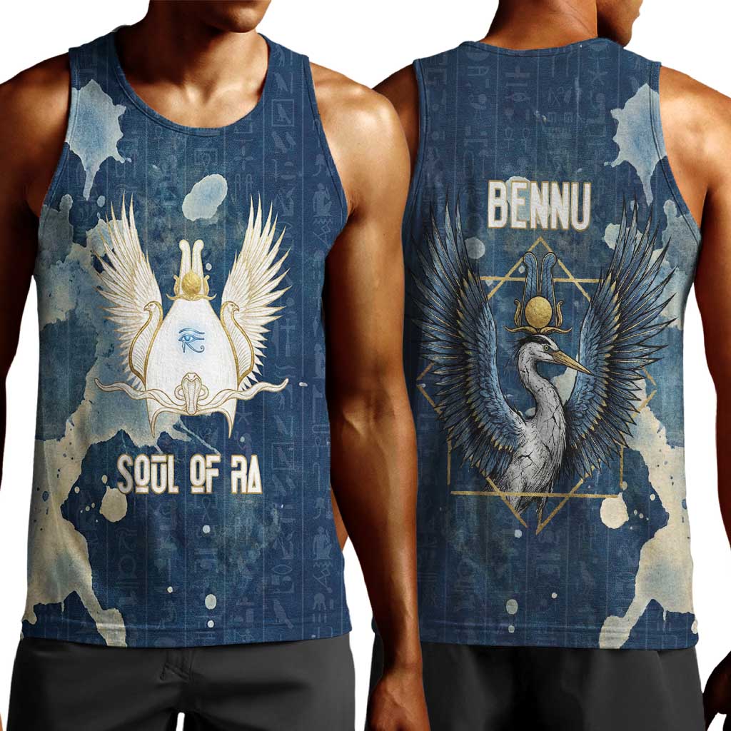 Bennu Ancient Egyptian Men Tank Top with Deep Blue Ink Wash, Winged Bennu Bird and Soul of Ra - African Pride