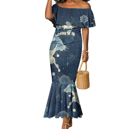 Bennu Ancient Egyptian Mermaid Dress with Deep Blue Ink Wash, Winged Bennu Bird and Soul of Ra - African Pride