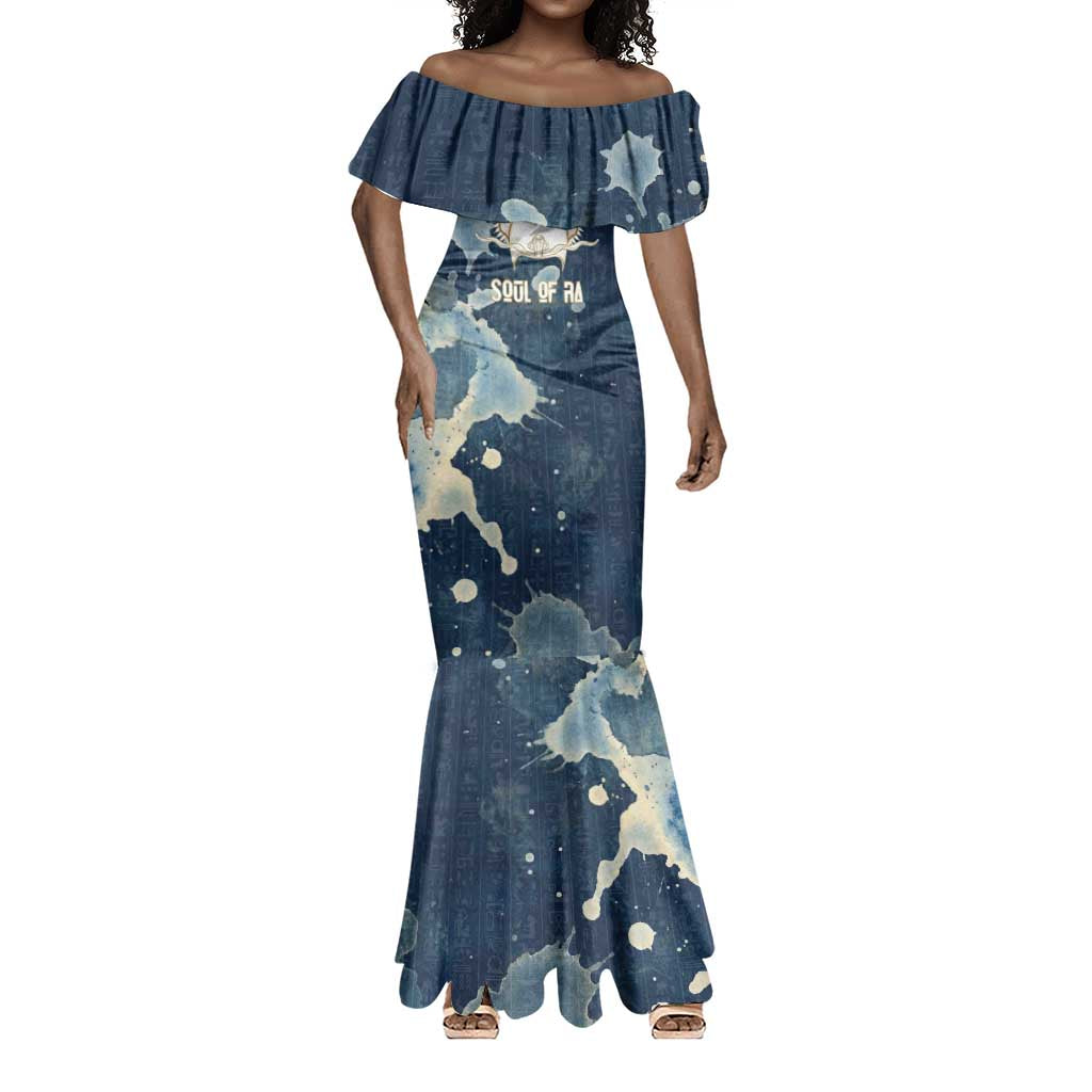Bennu Ancient Egyptian Mermaid Dress with Deep Blue Ink Wash, Winged Bennu Bird and Soul of Ra - African Pride