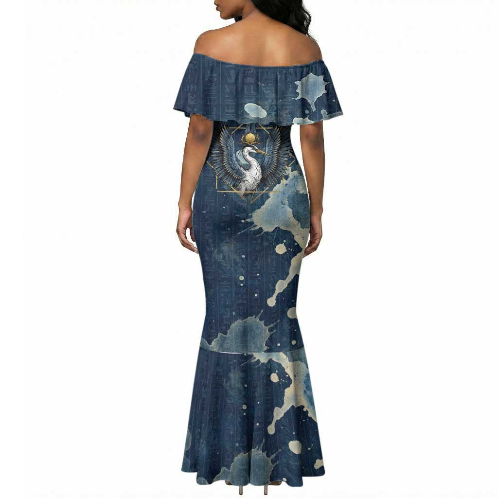 Bennu Ancient Egyptian Mermaid Dress with Deep Blue Ink Wash, Winged Bennu Bird and Soul of Ra - African Pride