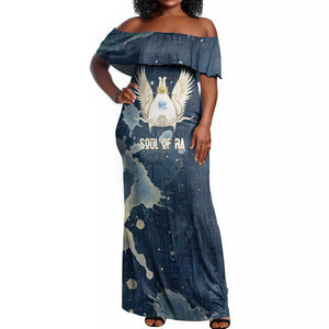 Bennu Ancient Egyptian Off Shoulder Maxi Dress with Deep Blue Ink Wash, Winged Bennu Bird and Soul of Ra - African Pride