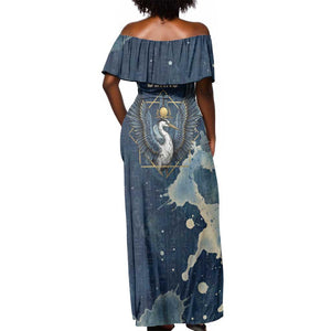 Bennu Ancient Egyptian Off Shoulder Maxi Dress with Deep Blue Ink Wash, Winged Bennu Bird and Soul of Ra - African Pride