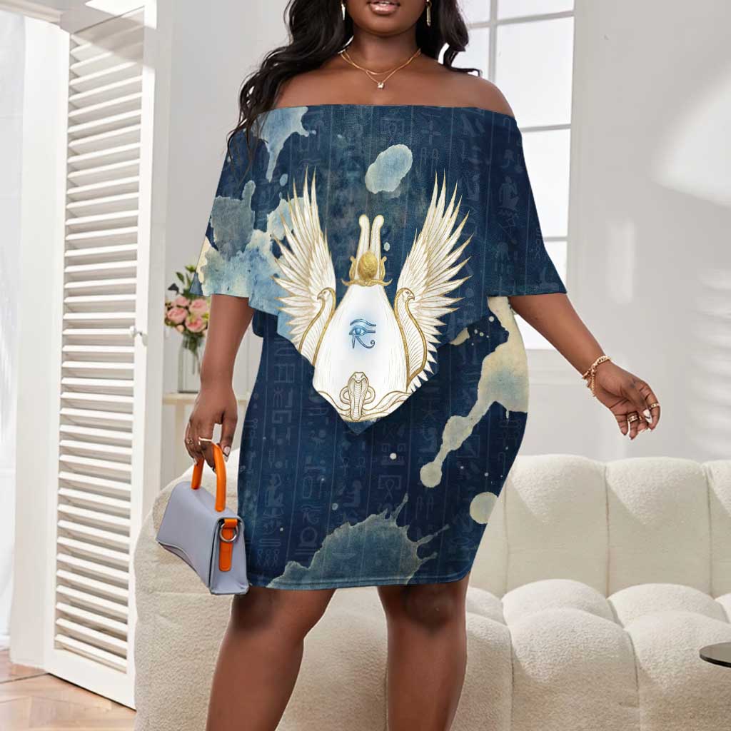 Bennu Ancient Egyptian Off Shoulder Short Dress with Deep Blue Ink Wash, Winged Bennu Bird and Soul of Ra - African Pride