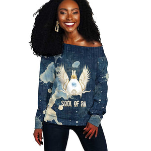 Bennu Ancient Egyptian Off Shoulder Sweater with Deep Blue Ink Wash, Winged Bennu Bird and Soul of Ra - African Pride