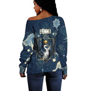 Bennu Ancient Egyptian Off Shoulder Sweater with Deep Blue Ink Wash, Winged Bennu Bird and Soul of Ra - African Pride