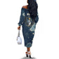 Bennu Ancient Egyptian Off The Shoulder Long Sleeve Dress with Deep Blue Ink Wash, Winged Bennu Bird and Soul of Ra - African Pride