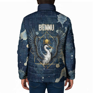 Bennu Ancient Egyptian Padded Jacket with Deep Blue Ink Wash, Winged Bennu Bird and Soul of Ra - African Pride