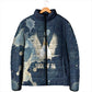 Bennu Ancient Egyptian Padded Jacket with Deep Blue Ink Wash, Winged Bennu Bird and Soul of Ra - African Pride