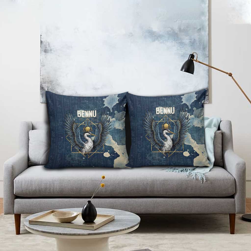 Bennu Ancient Egyptian Pillow Cover with Deep Blue Ink Wash, Winged Bennu Bird and Soul of Ra - African Pride