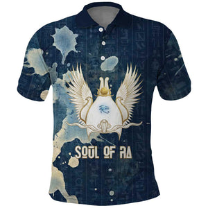 Bennu Ancient Egyptian Polo Shirt with Deep Blue Ink Wash, Winged Bennu Bird and Soul of Ra - African Pride