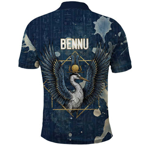 Bennu Ancient Egyptian Polo Shirt with Deep Blue Ink Wash, Winged Bennu Bird and Soul of Ra - African Pride