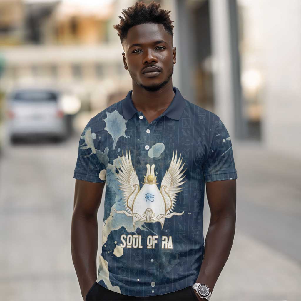 Bennu Ancient Egyptian Polo Shirt with Deep Blue Ink Wash, Winged Bennu Bird and Soul of Ra - African Pride