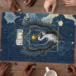 Bennu Ancient Egyptian Puzzle with Deep Blue Ink Wash, Winged Bennu Bird and Soul of Ra - African Pride
