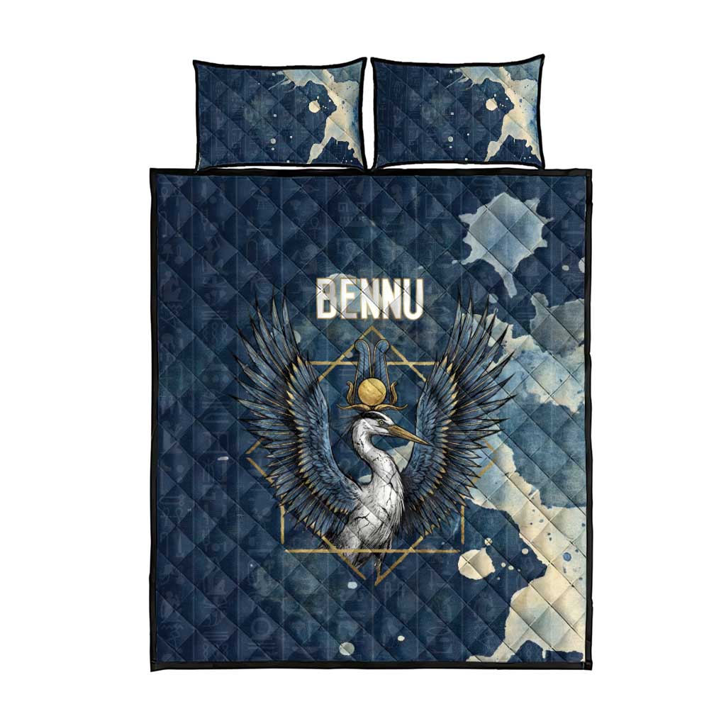 Bennu Ancient Egyptian Quilt Bed Set with Deep Blue Ink Wash, Winged Bennu Bird and Soul of Ra - African Pride