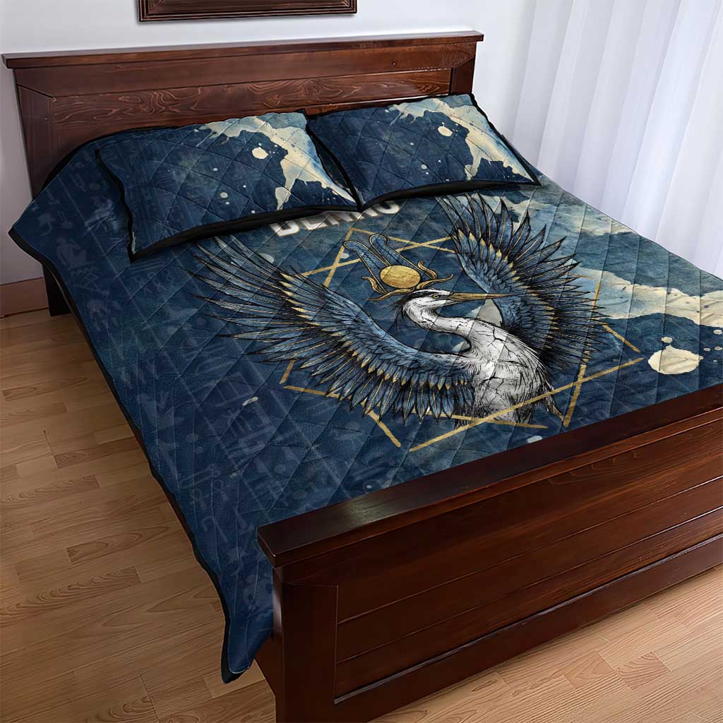 Bennu Ancient Egyptian Quilt Bed Set with Deep Blue Ink Wash, Winged Bennu Bird and Soul of Ra - African Pride