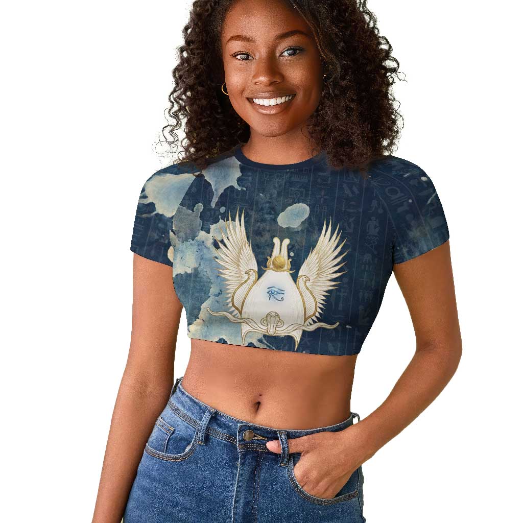 Bennu Ancient Egyptian Raglan Cropped T shirt with Deep Blue Ink Wash, Winged Bennu Bird and Soul of Ra - African Pride