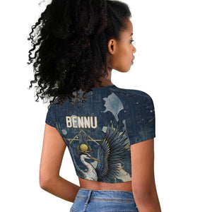 Bennu Ancient Egyptian Raglan Cropped T shirt with Deep Blue Ink Wash, Winged Bennu Bird and Soul of Ra - African Pride