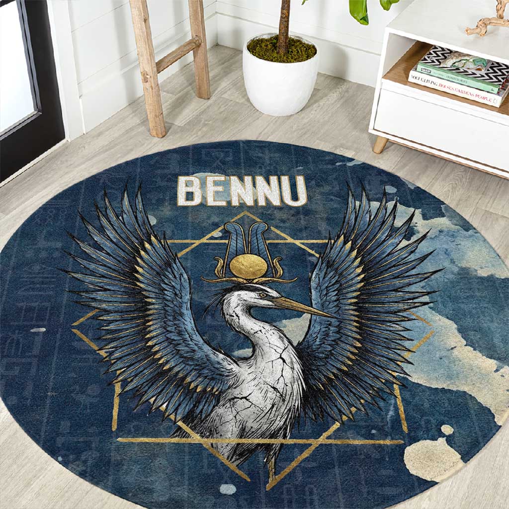 Bennu Ancient Egyptian Round Carpet with Deep Blue Ink Wash, Winged Bennu Bird and Soul of Ra - African Pride