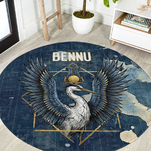 Bennu Ancient Egyptian Round Carpet with Deep Blue Ink Wash, Winged Bennu Bird and Soul of Ra - African Pride