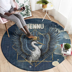 Bennu Ancient Egyptian Round Carpet with Deep Blue Ink Wash, Winged Bennu Bird and Soul of Ra - African Pride