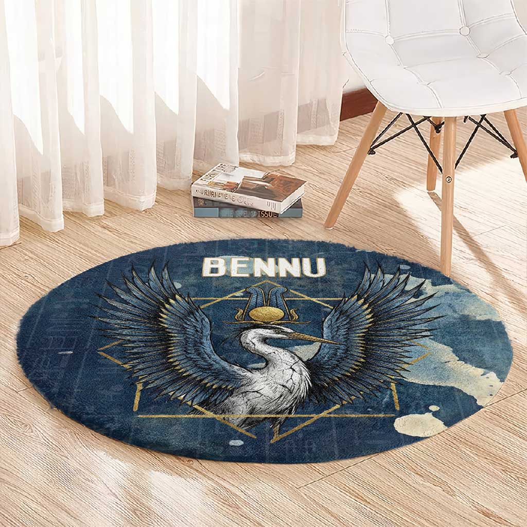 Bennu Ancient Egyptian Round Carpet with Deep Blue Ink Wash, Winged Bennu Bird and Soul of Ra - African Pride