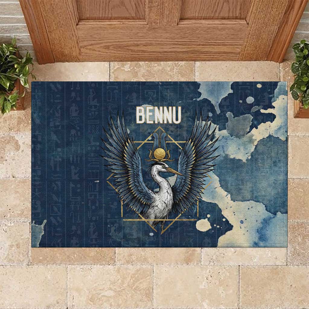 Bennu Ancient Egyptian Rubber Doormat with Deep Blue Ink Wash, Winged Bennu Bird and Soul of Ra - African Pride